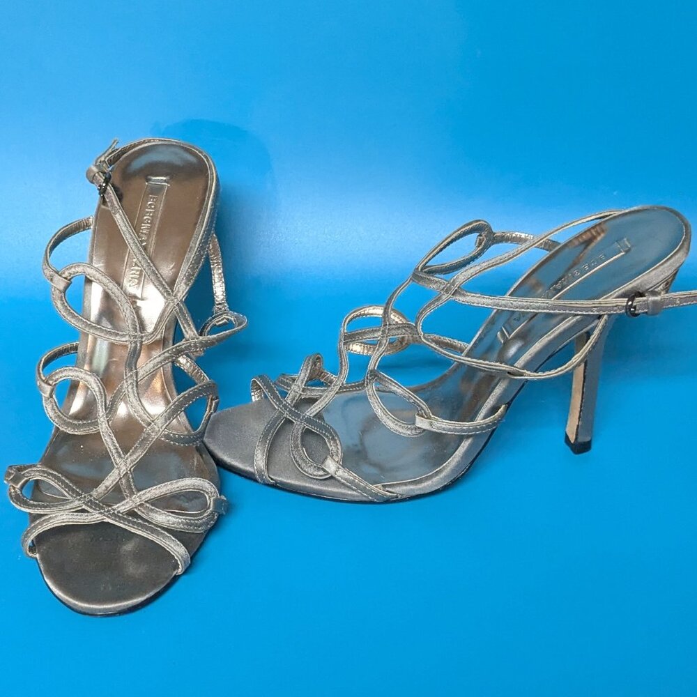 BCBGMAXAZRIA Platinum Silver Grey Strappy Heels